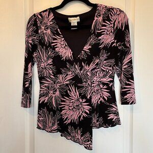 Laura Petites Asymmetrical Y2K Floral Top Black Pink V-Neck